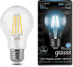 Лампа Gauss LED Filament A60 E27 8W 4100К - фото 10427