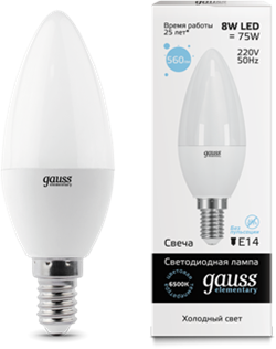 Лампа Gauss LED Elementary Candle 8W E14 6500K - фото 10436